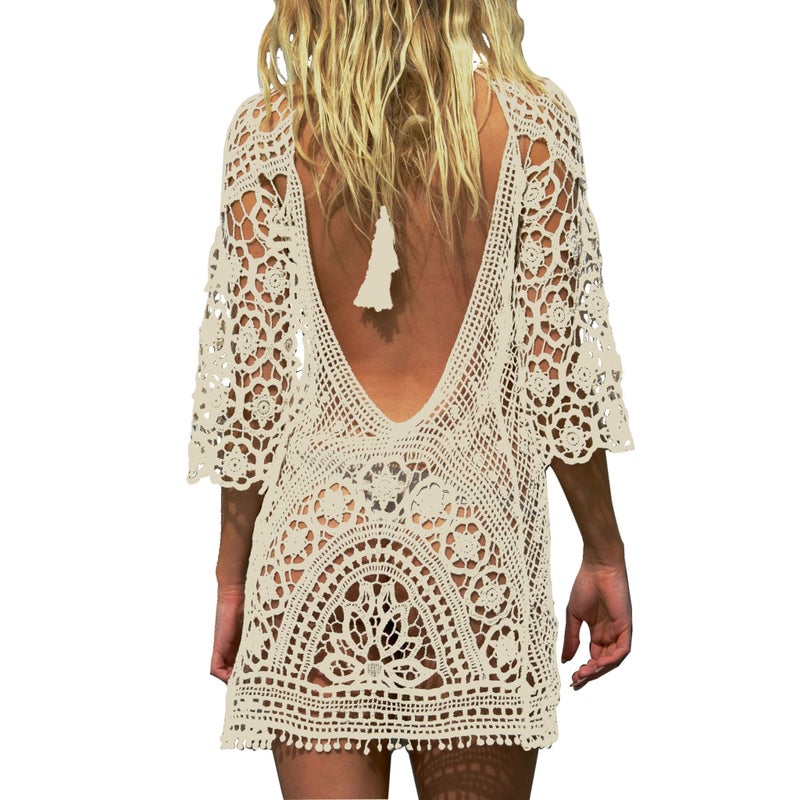 Jeasona Womenâ€™s Bathing Suit Cover Up Crochet Lace Bikini Swimsuit Dress (Beige, M) - Image 1